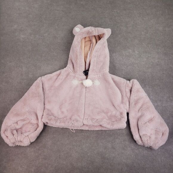 Punk Rave Faux Fur Coat Womens Size M-L Pink Short Crop Thick Hooded Animal Ears